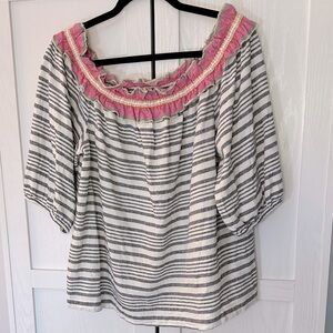 Trina Turk Coastal Linen Blend Blue and White Striped Blouse with Ruffle Size XL